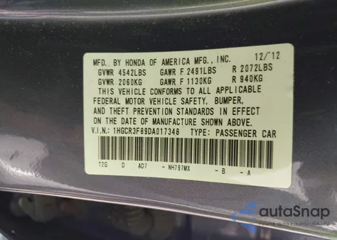 2013 Honda Accord Ex-L V-6 из США, поврежденный, VIN 1HGCR3F89DA017348